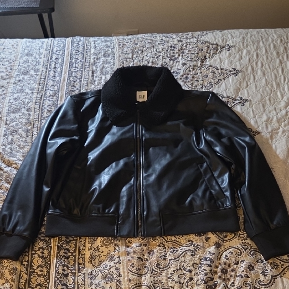 GAP Black Faux Leather Jacket with Plush Collar